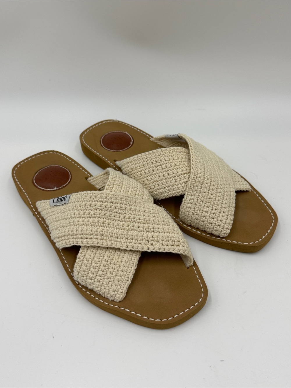 Chloe Cream Crochet Crossband Slide Sandals with Tan Footbed